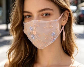Mascarillas faciales transpirables de malla bordada para el verano / Mascarillas faciales delicadas con estampado floral para protección solar / Velos faciales elegantes que estilizan la figura