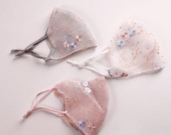 Mascarillas faciales transpirables de malla bordada para el verano / Mascarillas faciales delicadas con estampado floral para protección solar / Velos faciales elegantes que estilizan la figura