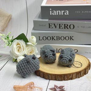 Könnte beinhalten: Drei gehäkelte Nilpferd-Schlüsselanhänger in Grau auf einer Holzscheibe. Die Nilpferde haben schwarze Augen und sind vor weißen Rosen und Büchern mit den Titeln "ianra", "EVERO" und "LOOKBOOK" angeordnet.