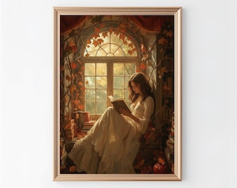 Autumn Reading Girl Wall Art | Cozy Window Library Print | Cottagecore Book Lover Decor | Romantic Fall Wall Art | Digital Download