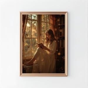 Reading Girl Wall Art Print | Cozy Golden Hour Illustration | Book Lover Decor | Warm Neutral Wall Art | Digital Download