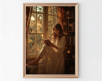 Reading Girl Wall Art Print | Cozy Golden Hour Illustration | Book Lover Decor | Warm Neutral Wall Art | Digital Download