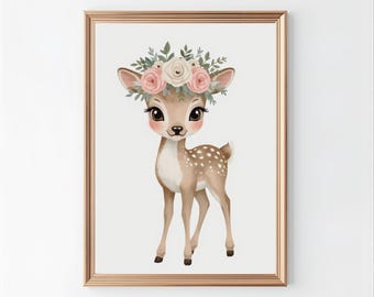 Woodland Fawn Wall Art, Baby Deer Nursery Print, Neutral Nursery Decor, Forest Printable Kids Room Art