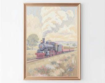 Vintage Steam Train Nursery Wall Art, Soft Pastel Railroad Print for Kids Room, Classic Storybook Style, Instant Download