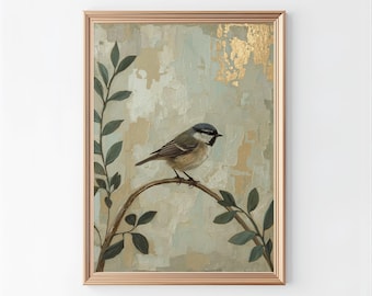 Lámina decorativa de aves para pared, estilo vintage, aves botánicas beige, descarga digital