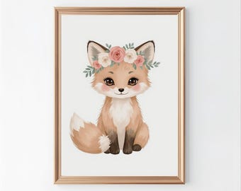 Arte de parede com raposa da floresta, estampa de animalzinho para quarto de bebê, decoração neutra para quarto de bebê, arte imprimível com tema de floresta para quarto infantil.