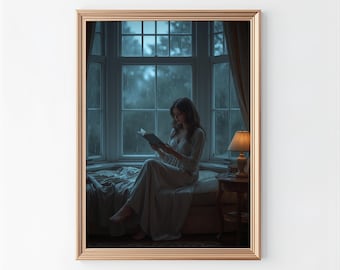 Cozy Rainy Window Reading Art Print | Moody Girl Reading Illustration | Blue Hour Decor | Cottagecore Wall Art | Digital Download