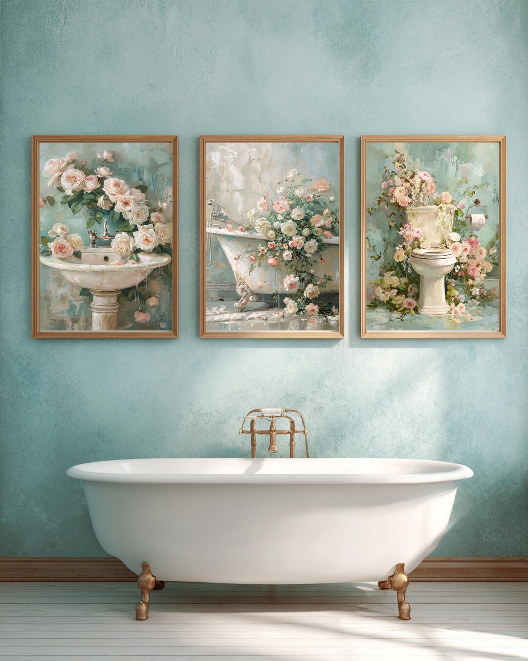 Vintage Floral Bathroom Wall Art Set of 3, Blush Roses Clawfoot Tub ...