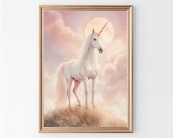 Unicorn Nursery Wall Art Print, Moonlit Fairytale Unicorn, Blush Pink Storybook Girls Room Decor