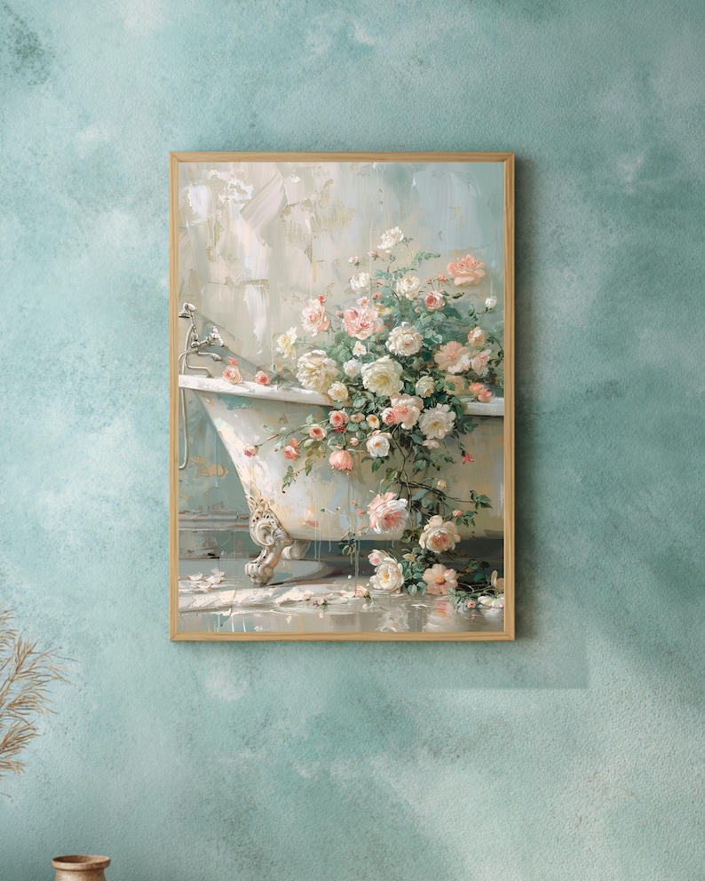 Vintage Floral Bathroom Wall Art Set of 3, Blush Roses Clawfoot Tub ...