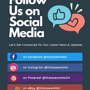 Op de afbeelding: Donkergroene afbeelding met witte tekst die luidt: "Volg ons op sociale media." Hieronder staan social media-iconen voor Facebook, Instagram, Pinterest en eBay, elk met een gebruikersnaam. Het That's Sew Mimi-logo staat rechtsboven.