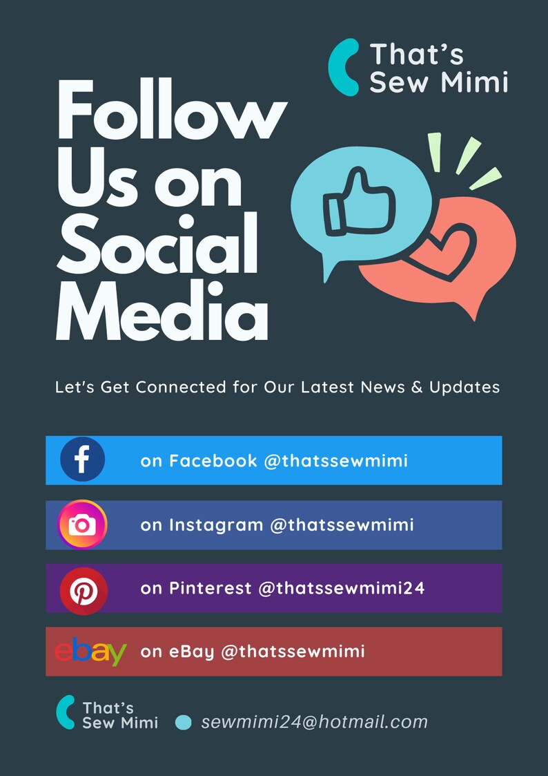 Op de afbeelding: Donkergroene afbeelding met witte tekst die luidt: "Volg ons op sociale media." Hieronder staan social media-iconen voor Facebook, Instagram, Pinterest en eBay, elk met een gebruikersnaam. Het That's Sew Mimi-logo staat rechtsboven.