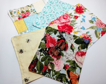 Floral Bumblebee Butterfly Cloth Napkins, Kid's lunchbox cloth napkins, 6"x6" lunch napkins, Set of 5 reusable cloth napkins, Cotton napkins