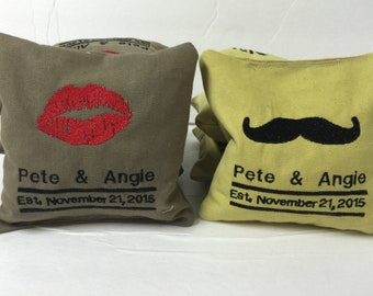Wedding Cornhole Bags, His Her Couple Gift, Embroidered Initials Bean Bags, Personalized Gift Bride and Groom, Bridal Party Shower Games