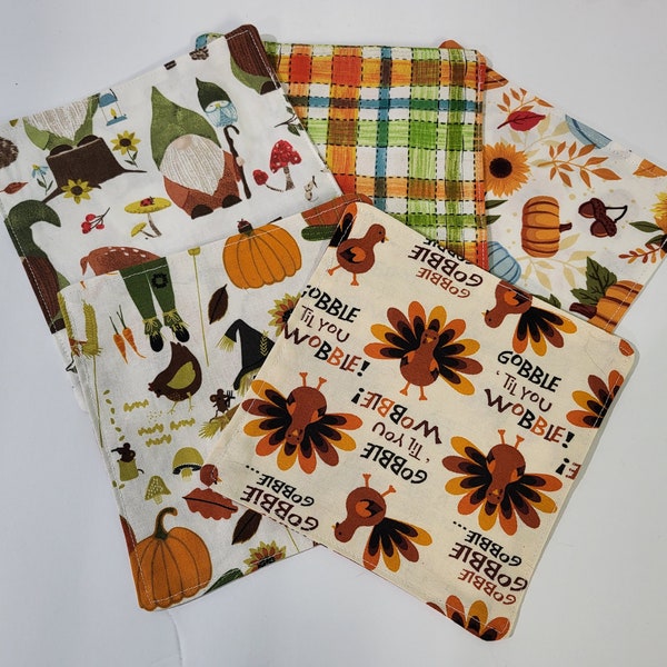 Reusable Cloth Napkins for Kids, Thanksgiving Autumn Gnomes, Cotton Cloth Napkins, 6"x6" Luncheon napkins, Set of 5 Reusable Cloth Napkins