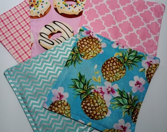 Reusable Cloth Napkins for Kids, Lunchbox Cloth Napkins, Donuts Pineapples Patterns, 6"x6" Luncheon Napkins, Set of 5 Cotton Cloth Napkins