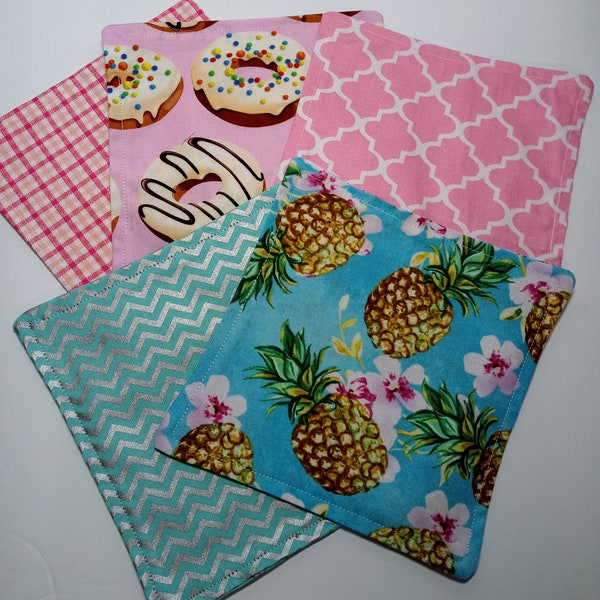 Reusable Cloth Napkins for Kids, Lunchbox Cloth Napkins, Donuts Pineapples Patterns, 6"x6" Luncheon Napkins, Set of 5 Cotton Cloth Napkins