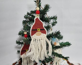 Santa Gnome Christmas Ornament, Embroidered Vinyl Macrame Christmas Ornament, Gnome Christmas Gift