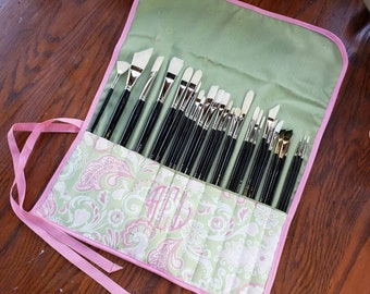 Brush Roll for holding long paint brushes, made from fabric for oil painting or acrylics. Personalized and custom made to order.