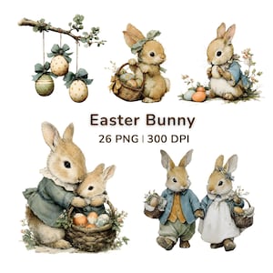 Puede incluir: Ilustraciones en acuarela de conejitos de Pascua con cestas de huevos, huevos decorados colgantes y detalles florales. El texto "Easter Bunny" se muestra debajo, junto con "26 PNG | 300 DPI".