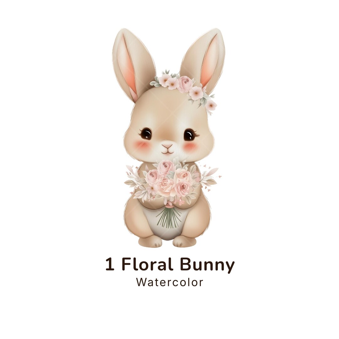 Floral Bunny Watercolor Clipart, Cute Rabbit With Flowers PNG, Baby ...