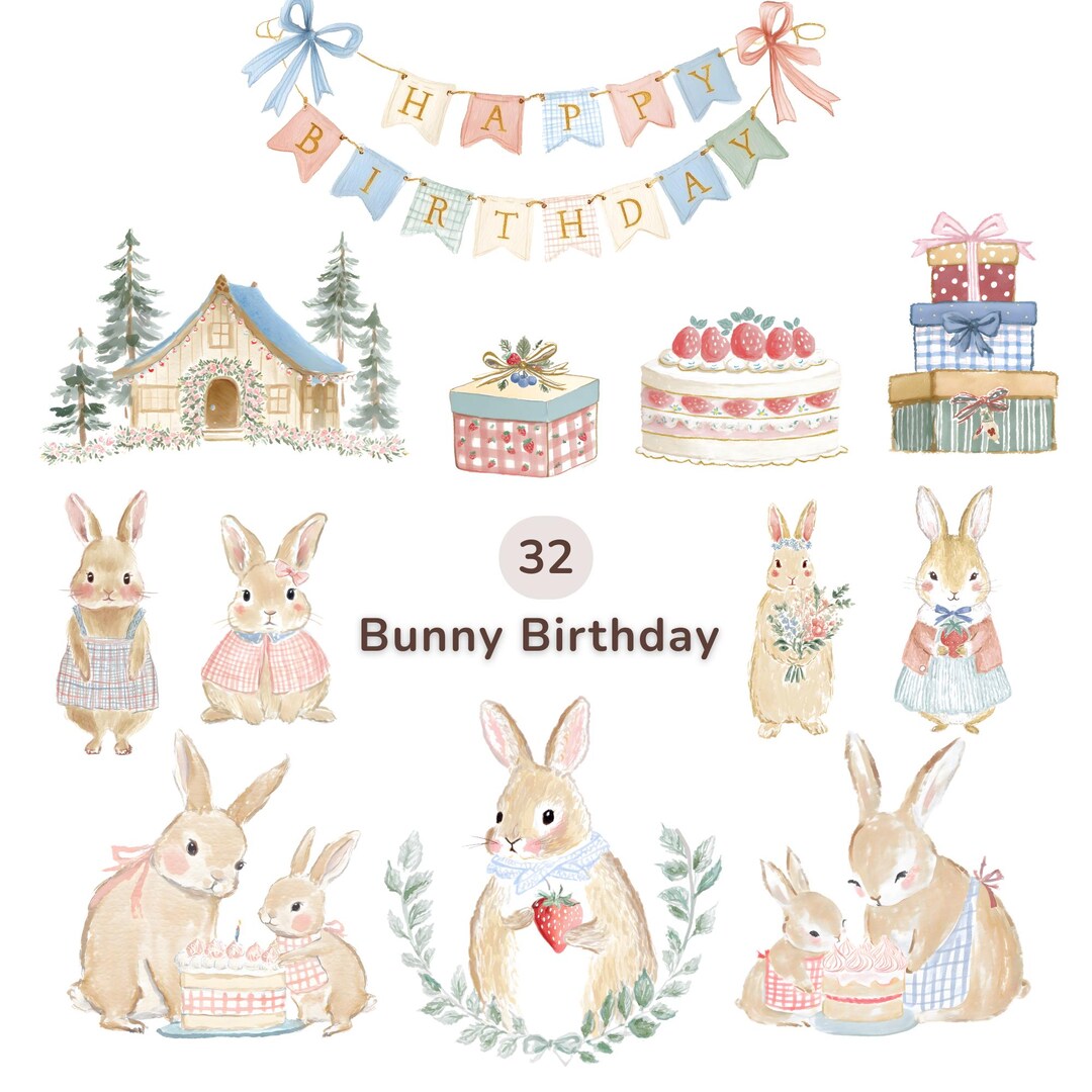 Bunny Birthday Watercolor Clipart Set 32 PNG, Cute Baby Shower Clipart ...