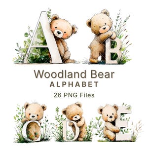 May include: Watercolor illustration of a woodland bear alphabet. The letters A, B, C, D, and E are shown with a teddy bear leaning on each letter. The text "Woodland Bear ALPHABET" and "26 PNG Files" is also included.