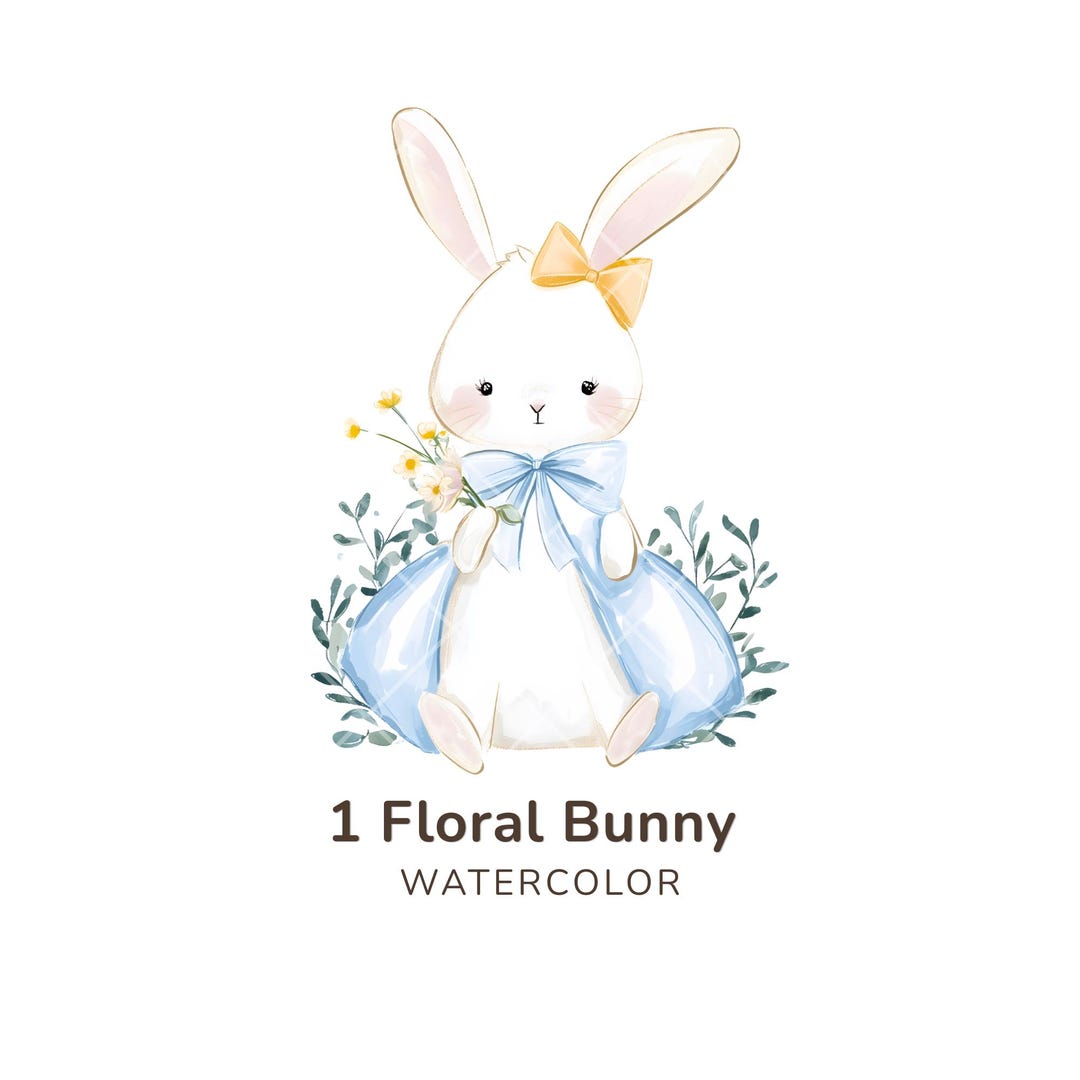 Spring Floral Bunny Clipart, Watercolor Rabbit PNG, Nursery Wall Art ...