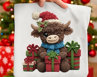 Retro Yarn Crochet Highland Cow Png, Crochet Western Christmas Png, Howdy Christmas Png, Cowgirl Christmas Png, Christmas Crochet Design