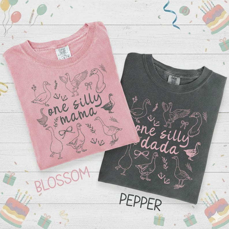 Camiseta familiar a juego para el primer cumpleaños de One Silly Goose, Camiseta de primer cumpleaños de ganso, Camiseta de mamá ganso, Camiseta de ganso personalizada, Camiseta de ganso tonto Blossom