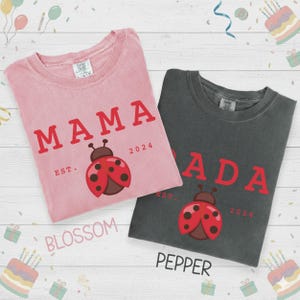 May include: Two t-shirts, one blossom pink and one pepper gray, each with a red "MAMA" or "ADA" graphic and a ladybug design. The shirts also feature the year "2024" and the word "EST."