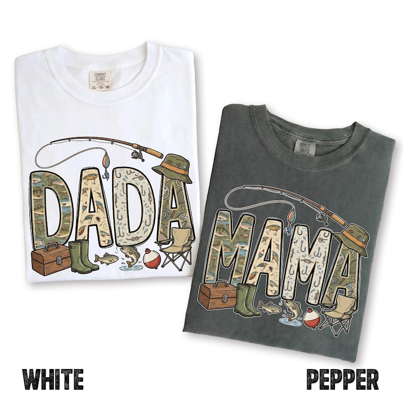 May include: Two t-shirts, one white and one pepper-colored, with fishing-themed designs. The word "DADA" is on the white shirt, and "MAMA" is on the pepper shirt. Each word is filled with fishing-related illustrations.