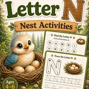 May include: An educational activity book cover for children, titled "Letter N Nest Activities". It shows a cartoon bird in a nest with eggs, and activity cards for tracing and finding the letter N. Suitable for ages 4-6.