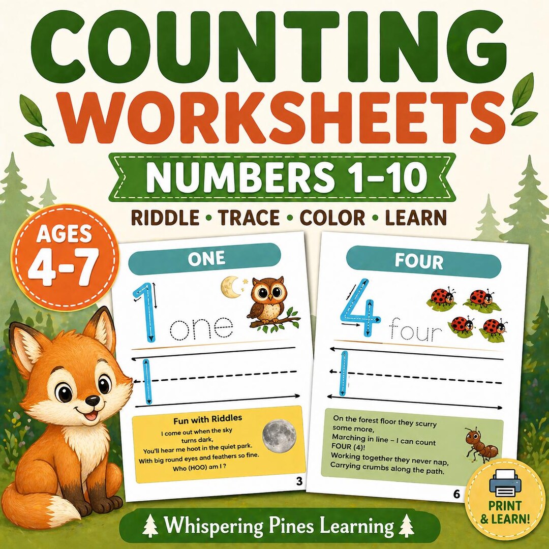 Woodland Counting Worksheets | Numbers 1-10 Riddle Trace Activity (ages ...