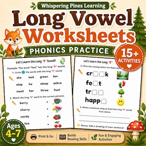 May include: Educational worksheet for ages 4-7, focusing on long vowel sounds. The design includes a cartoon fox, a mushroom, and the text "Long Vowel Worksheets" and "Phonics Practice". Includes 15+ activities.