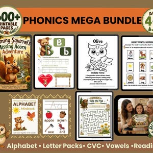 May include: A Phonics Mega Bundle featuring 600+ printable pages for ages 4-6. The collection includes educational worksheets, a Sammy Squirrel storybook, alphabet tracing sheets, owl colouring pages, short vowel sound charts, and a yak maze.