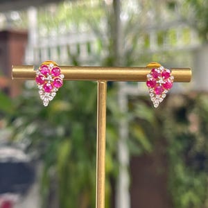 Puede incluir: Un par de pendientes de oro. Cada pendiente presenta un grupo de gemas rosas rodeadas de gemas claras más pequeñas en forma de lágrima. Los pendientes se exhiben sobre un soporte dorado, con un fondo borroso de vegetación verde.