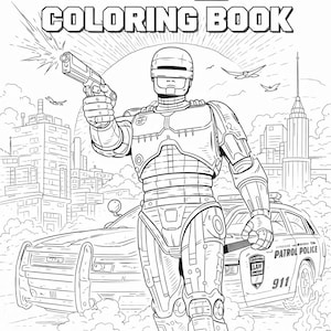 May include: Black and white line art of a RoboCop coloring book cover. The image shows RoboCop holding a gun, with the text "ROBOCOP COLORING BOOK". A police car and city skyline are in the background.