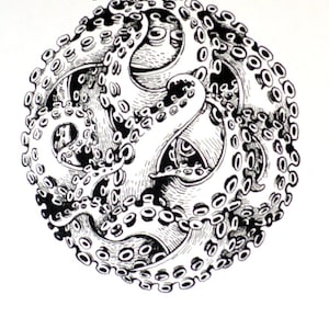 May include: Black and white line drawing of an octopus with its tentacles intertwined to form a sphere. The image is titled "3X4-OCTOPUS-BALL" and includes the website "WWW.METALDESIGNZ.COM".