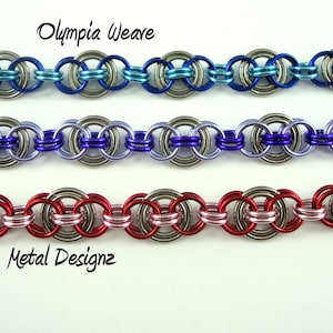 May include: Three metal chain bracelets in different colors. The top bracelet is blue and silver, the middle bracelet is purple and silver, and the bottom bracelet is pink and silver. The bracelets are all made with a chain pattern called "Olympia Weave". The text "Olympia Weave" and "Metal Designz" are written on the image.