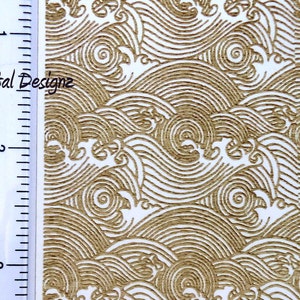 May include: A close-up of a white surface with a repeating pattern of brown waves. The waves are made up of thin lines that create a swirling effect. The pattern is reminiscent of traditional Japanese art.