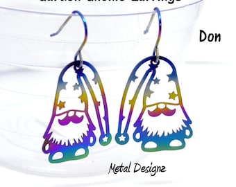 Laser Cut Solid Titanium Garden Gnome Earrings - Rainbowed - Sold per pair