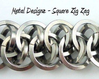 Square Zig Zag Chainmail Bracelet Kit - Easier to bend Stainless Steel - Shiny and Beautiful!  Makes 8 inches of chain.