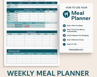 Weekly Meal Planner + Grocery List | Macro Tracker | Digital PDF + Excel Download
