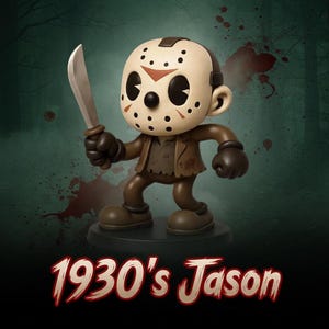 Pode incluir: Figura estilizada de Jason Voorhees, personagem de filme de terror, segurando um facão. A figura é marrom com uma máscara creme. O texto "1930's Jason" é exibido na parte inferior.