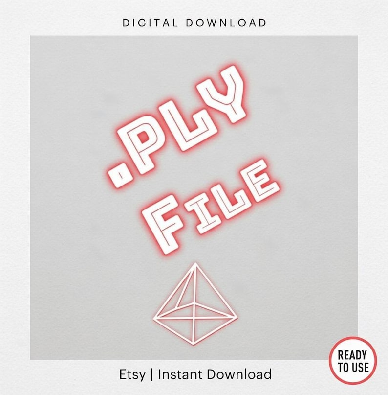 Puede incluir: Gr&aacute;fico de descarga digital con el texto ".PLY FILE" en blanco con un contorno de ne&oacute;n rojo. Debajo del texto hay una forma de pir&aacute;mide geom&eacute;trica, tambi&eacute;n con un contorno rojo. Las palabras "DESCARGA DIGITAL" y "LISTO PARA USAR" tambi&eacute;n son visibles.