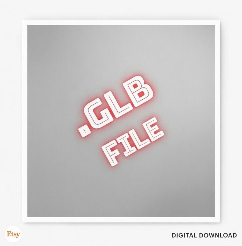Puede incluir: Gr&aacute;fico de descarga digital con el texto ".GLB FILE" en blanco, delineado con un resplandor rojo, sobre un fondo gris. La imagen es de formato cuadrado, lo que sugiere un producto para creadores o dise&ntilde;adores digitales.