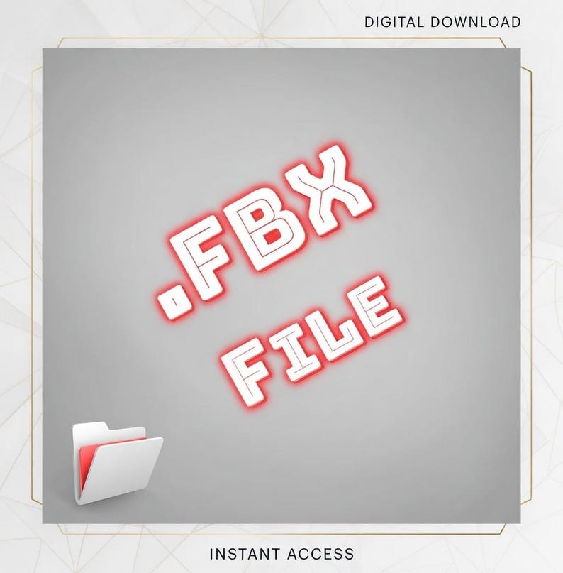Puede incluir: Gr&aacute;fico de descarga digital con el texto ".FBX FILE" en blanco con un contorno de ne&oacute;n rojo, sobre un fondo gris. Una carpeta blanca con interior rojo est&aacute; en la esquina inferior izquierda. Tambi&eacute;n est&aacute;n presentes las palabras "DESCARGA DIGITAL" y "ACCESO INSTANT&Aacute;NEO".