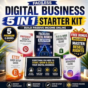 Op de afbeelding: Een digitale business starterkit met vijf e-books, waaronder gidsen over Pinterest, Etsy en Instagram. De kit belooft gebruikers te helpen bij het starten, laten groeien en opschalen van hun digitale bedrijf, met de focus op passief inkomen.