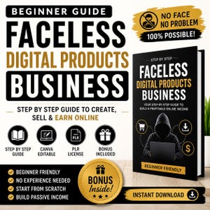 May include: A black book titled "Faceless Digital Products Business" with a hooded figure on the cover. The image includes text such as "Beginner Guide," "Step by Step Guide," and "Bonus Included." Additional text states "No Face No Problem!" and "Instant Download."